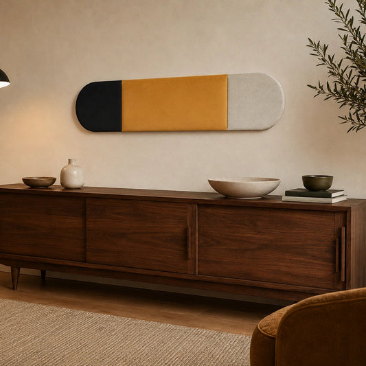 Angled view of a rounded black, mustard and cream wall panel mounted above a wooden sideboard in an elegant neutral interior