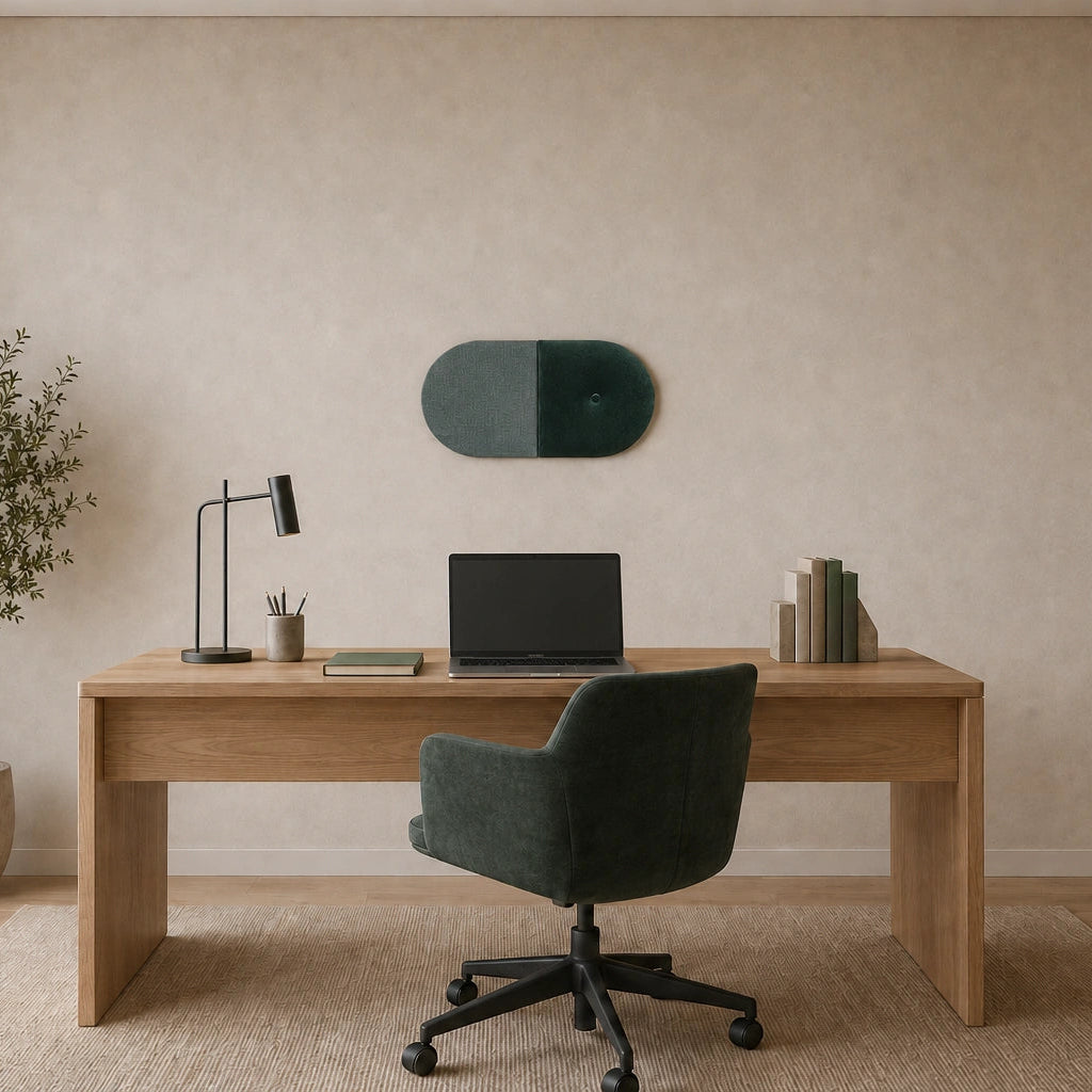 Front view of a two-section upholstered wall panel in grey-green and dark green, displayed above a wooden desk in a bright, minimalist home office