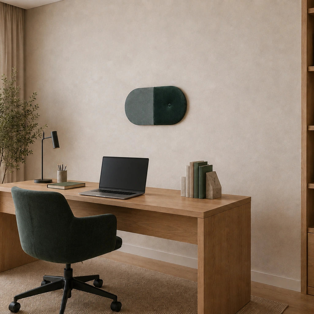 Angled view of a rounded green wall panel mounted above a wooden desk, featuring contrasting fabric textures and a decorative button detail