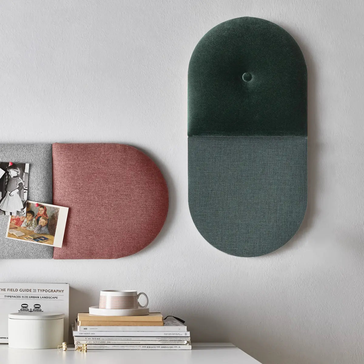 Padded Wall Panels Set 5 Green above desk on beige wall Decormania.eu