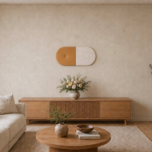 Front view of a two-section mustard and cream upholstered wall panel displayed above a wooden sideboard in a warm, neutral living room