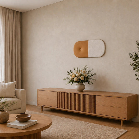 ngled view of a rounded mustard and cream wall panel with a button detail, mounted above a wooden sideboard in a cosy living room