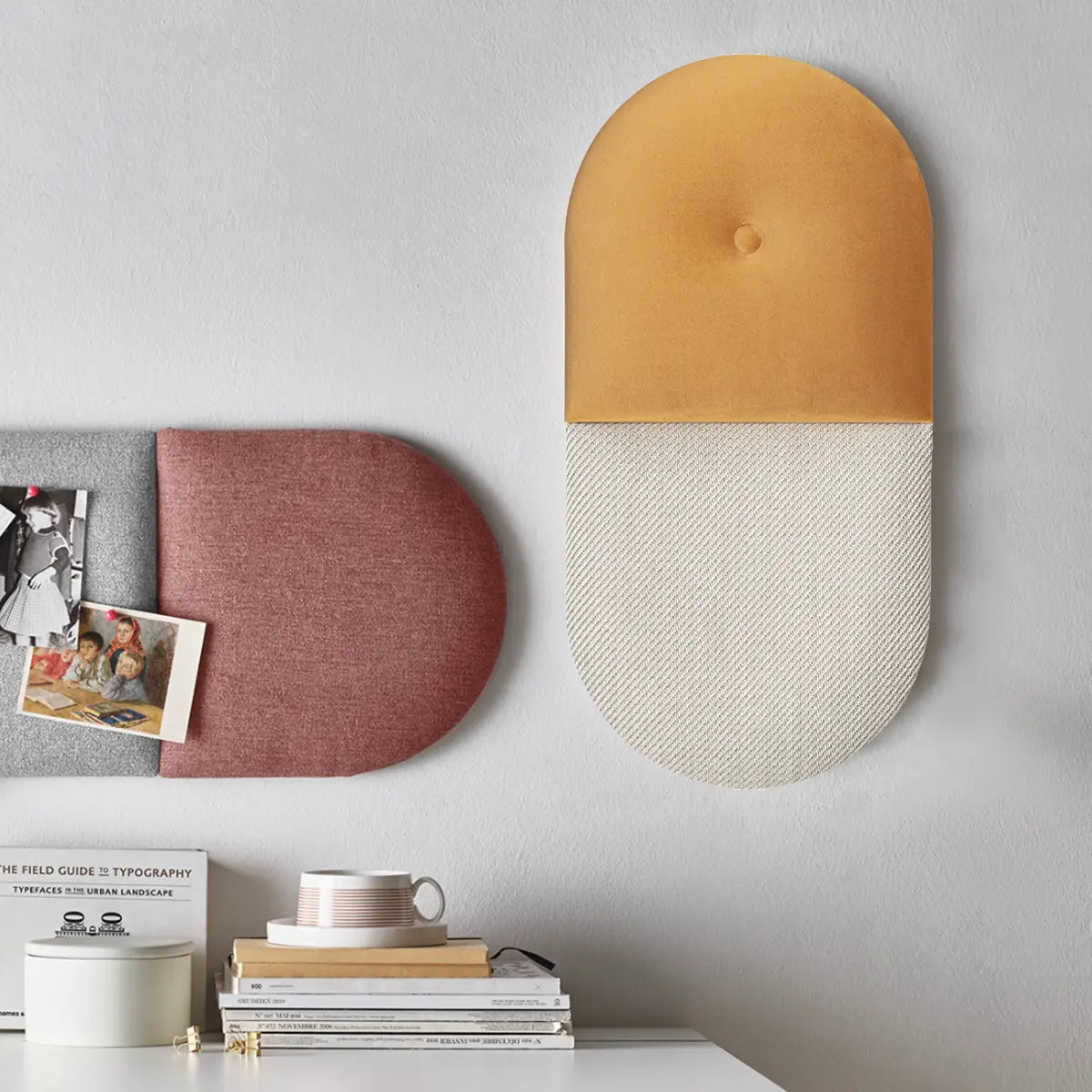 Padded Wall Panels Set 5 Mustard above desk on beige wall Decormania.eu