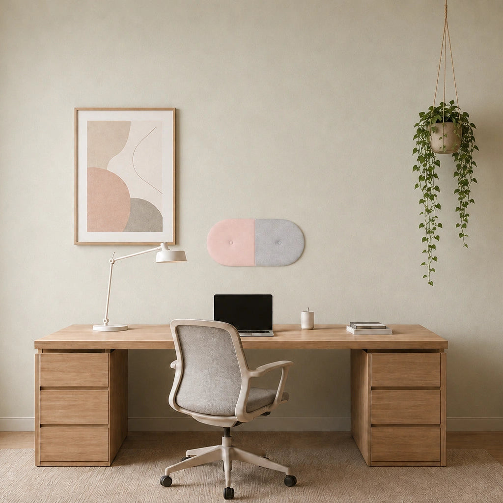 Front view of a two-section pink and light grey upholstered wall panel displayed above a wooden desk in a bright, minimalist home office