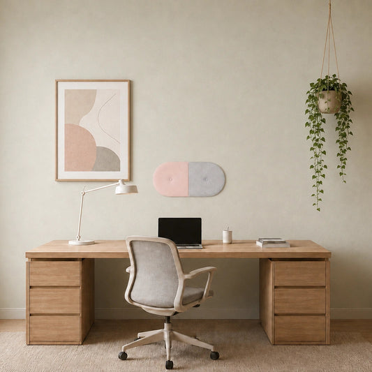 Front view of a two-section pink and light grey upholstered wall panel displayed above a wooden desk in a bright, minimalist home office