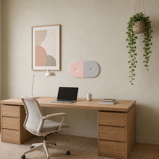 Angled view of a rounded pink and light grey wall panel with two button details, mounted above a wooden home-office desk