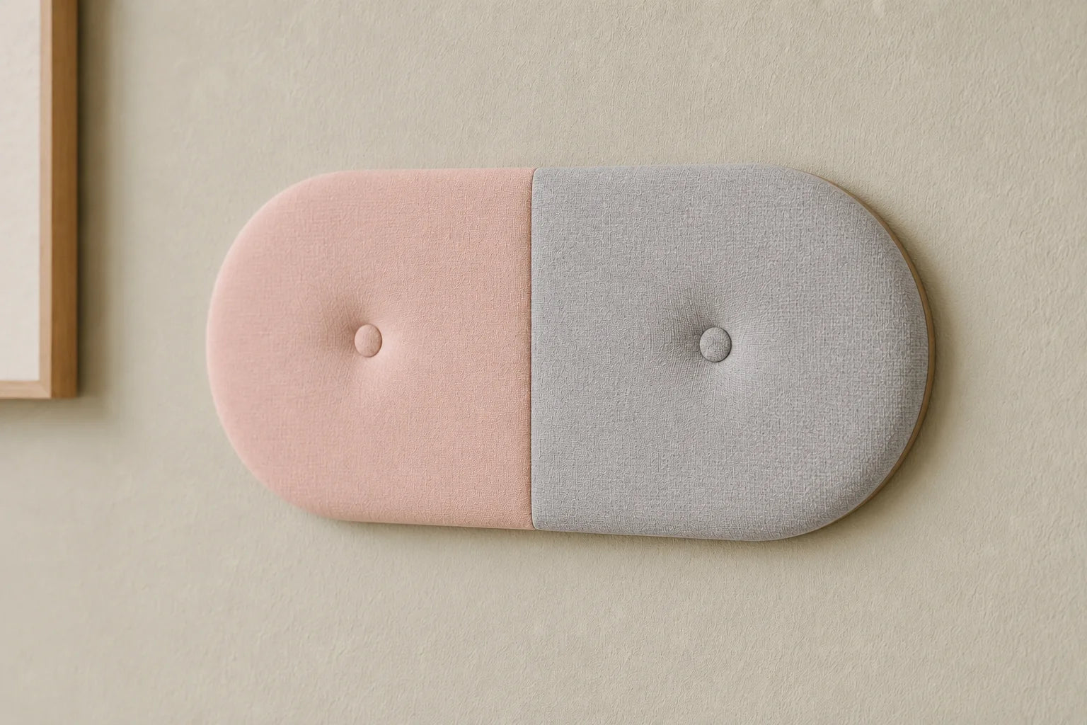 Close-up angled view of a two-tone upholstered wall panel, highlighting its pastel pink and light grey fabrics, central seam, rounded edges and matching button details