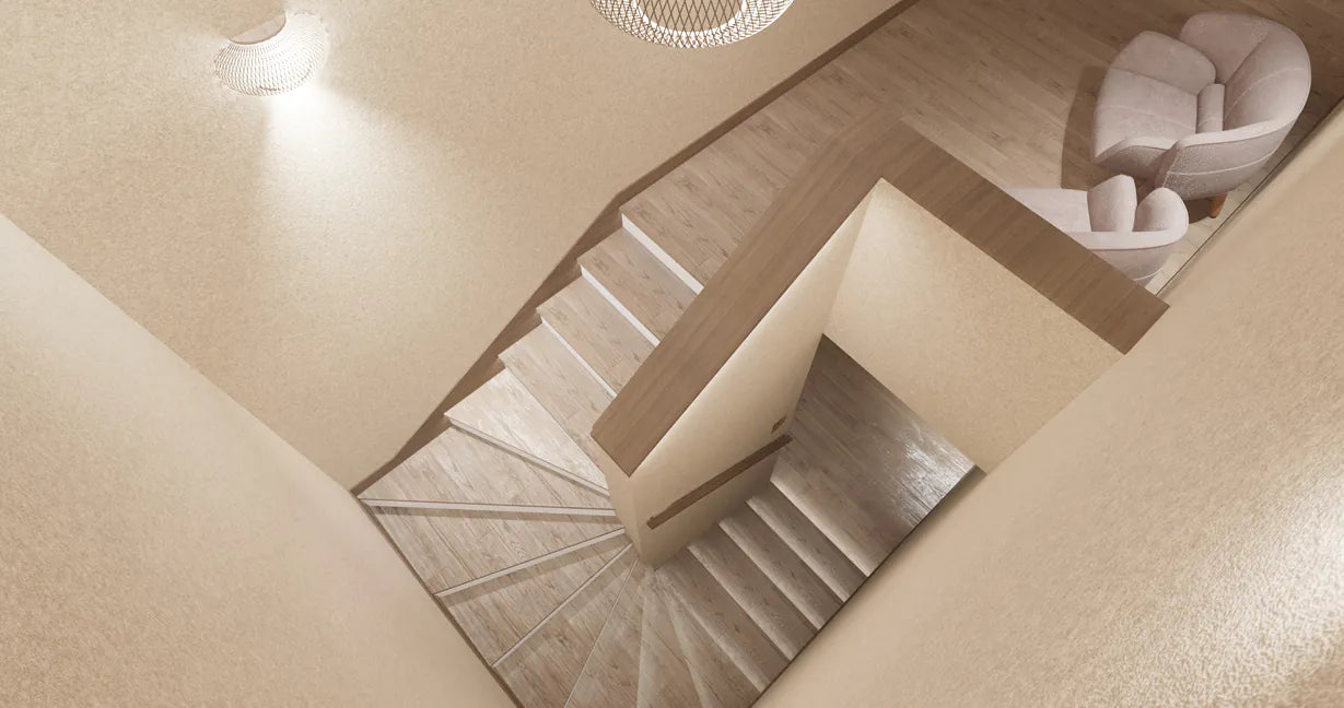 Plain Acoustic Wallpaper Wool colour swatch in staircase Decormania.eu