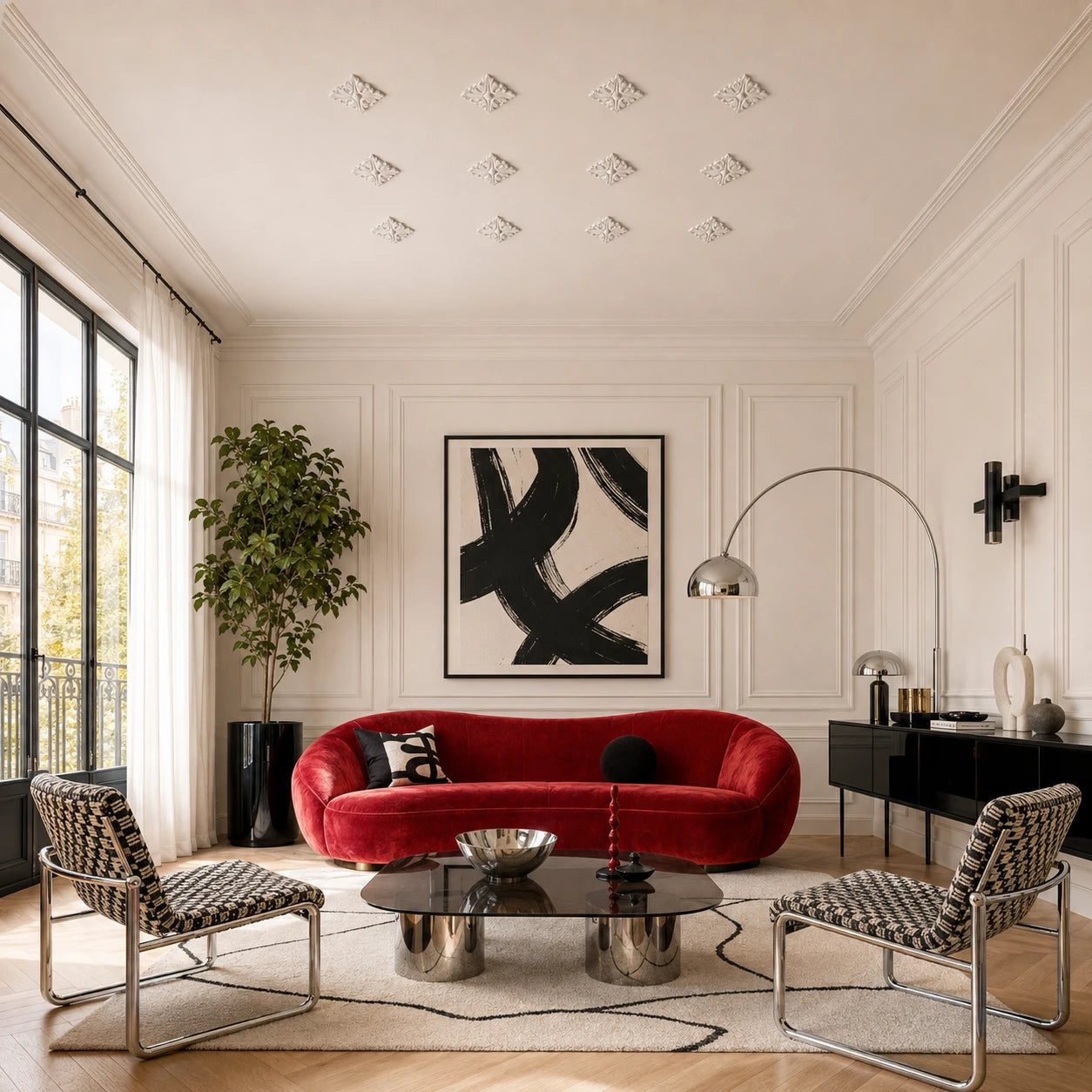 Elegant living room with twelve white R13 Arstyl decorative ceiling ornaments arranged above a red sofa