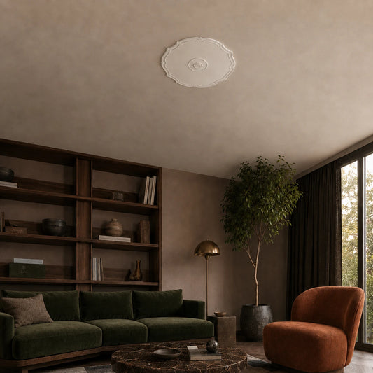 Dark elegant living room featuring a white R16 Arstyl ceiling rose with a refined decorative border