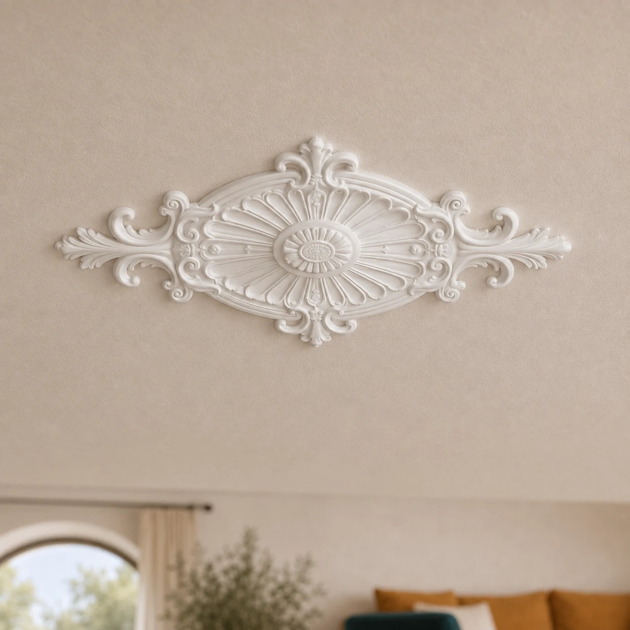 Elegant Mediterranean-style living room with a white R1 Arstyl ceiling rose framing a pendant light