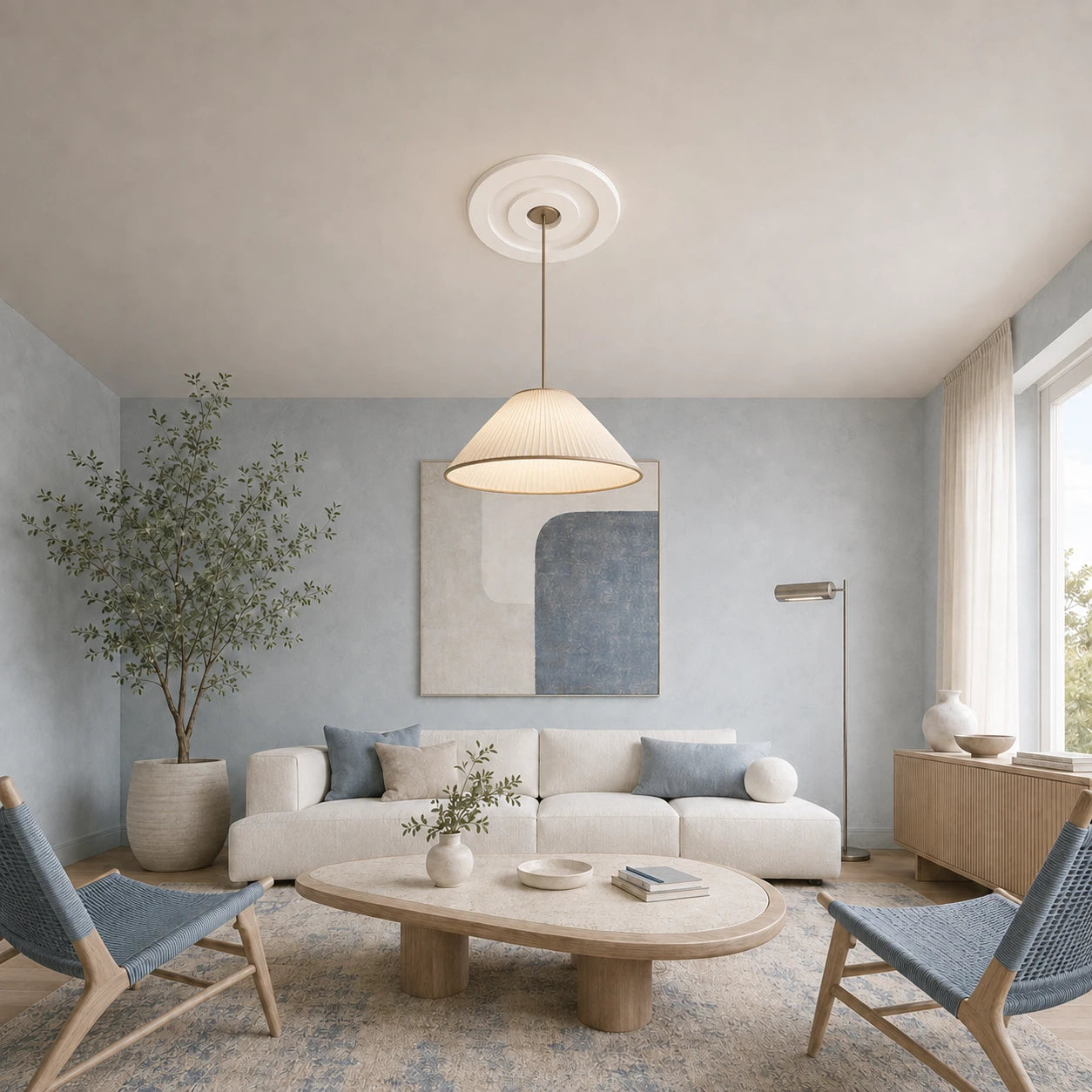 Bright blue and white living room featuring an R61 Arstyl ceiling rose with a suspended pleated pendant lamp