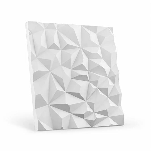 Single white 50 × 50 cm gypsum wall panel with an irregular faceted rhinestone pattern, displayed at an angle against a white background with a soft shadow