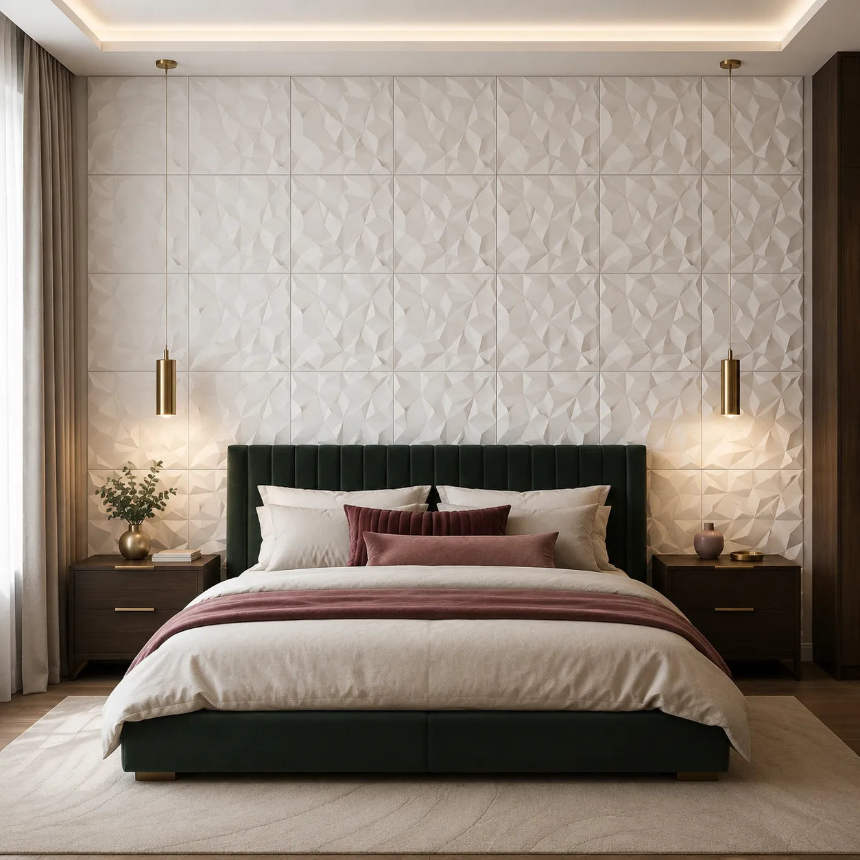 Front view of an elegant bedroom featuring white 3D gypsum wall panels with a faceted rhinestone pattern, a dark green upholstered bed, brass pendant lights, and burgundy accents