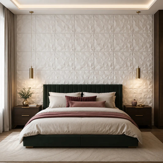 Front view of an elegant bedroom featuring white 3D gypsum wall panels with a faceted rhinestone pattern, a dark green upholstered bed, brass pendant lights, and burgundy accents