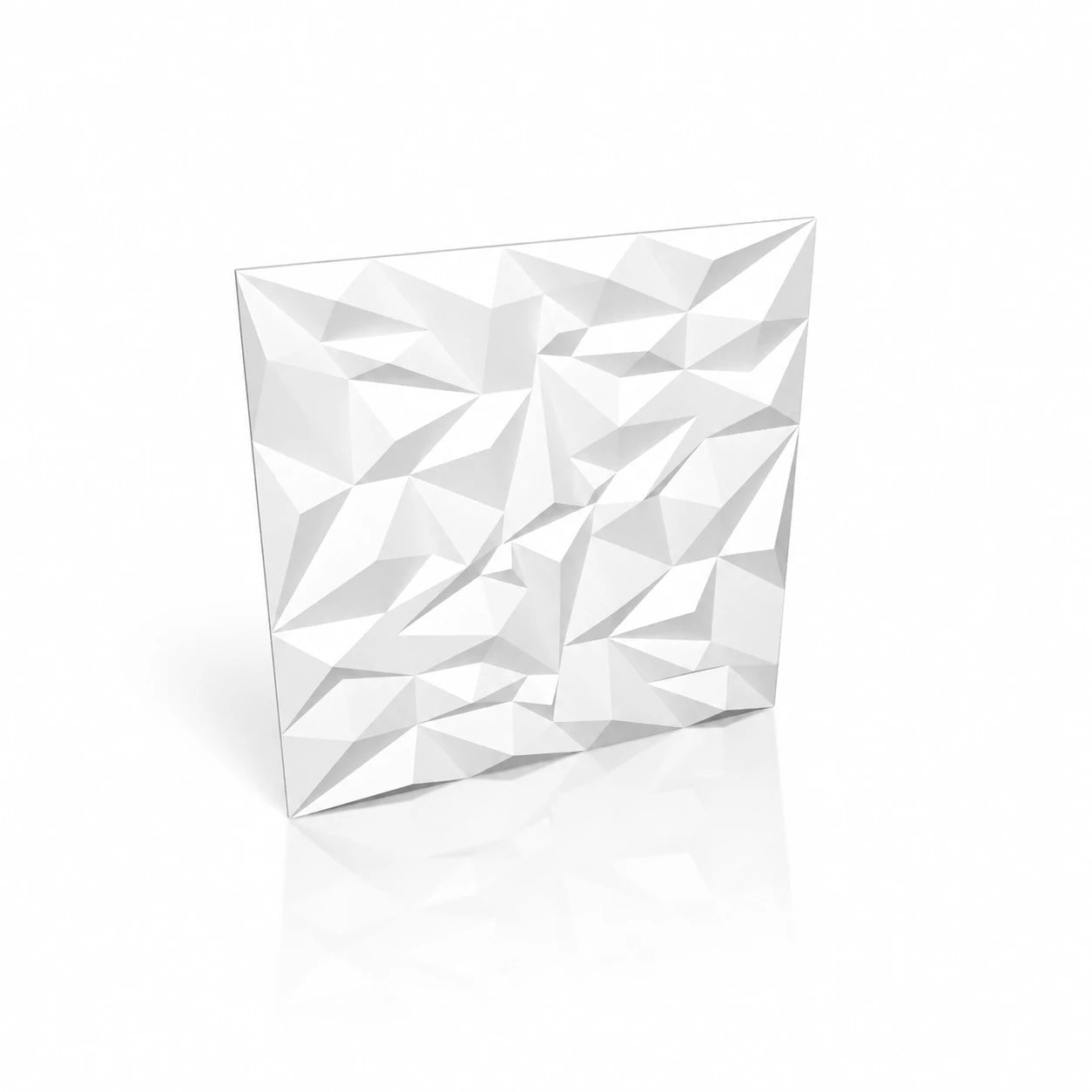 White 3D polystyrene wall panel featuring an irregular faceted crystal pattern
