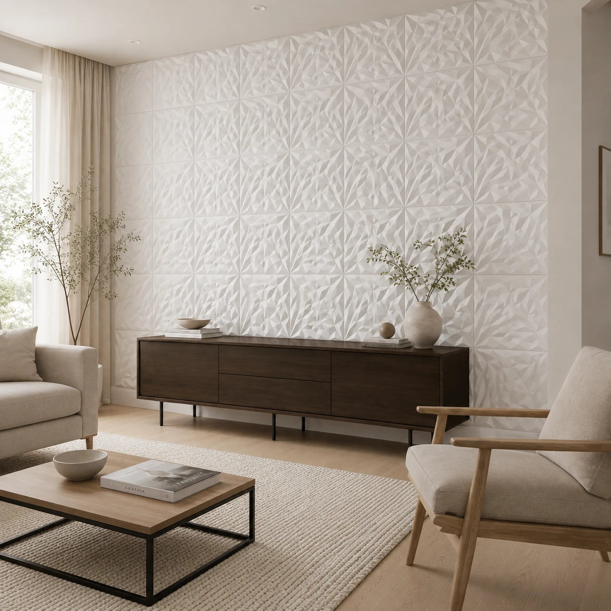Modern neutral living room featuring a floor-to-ceiling wall of white 3D polystyrene panels with an intricate faceted rhinestone pattern
