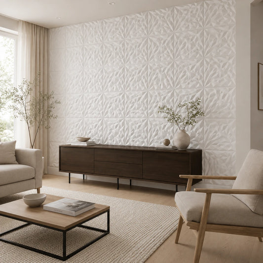 Modern neutral living room featuring a floor-to-ceiling wall of white 3D polystyrene panels with an intricate faceted rhinestone pattern