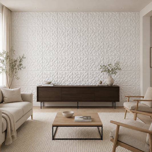 Front view of an elegant beige living room with a dark wood sideboard and a full accent wall covered in white geometric 3D polystyrene panels
