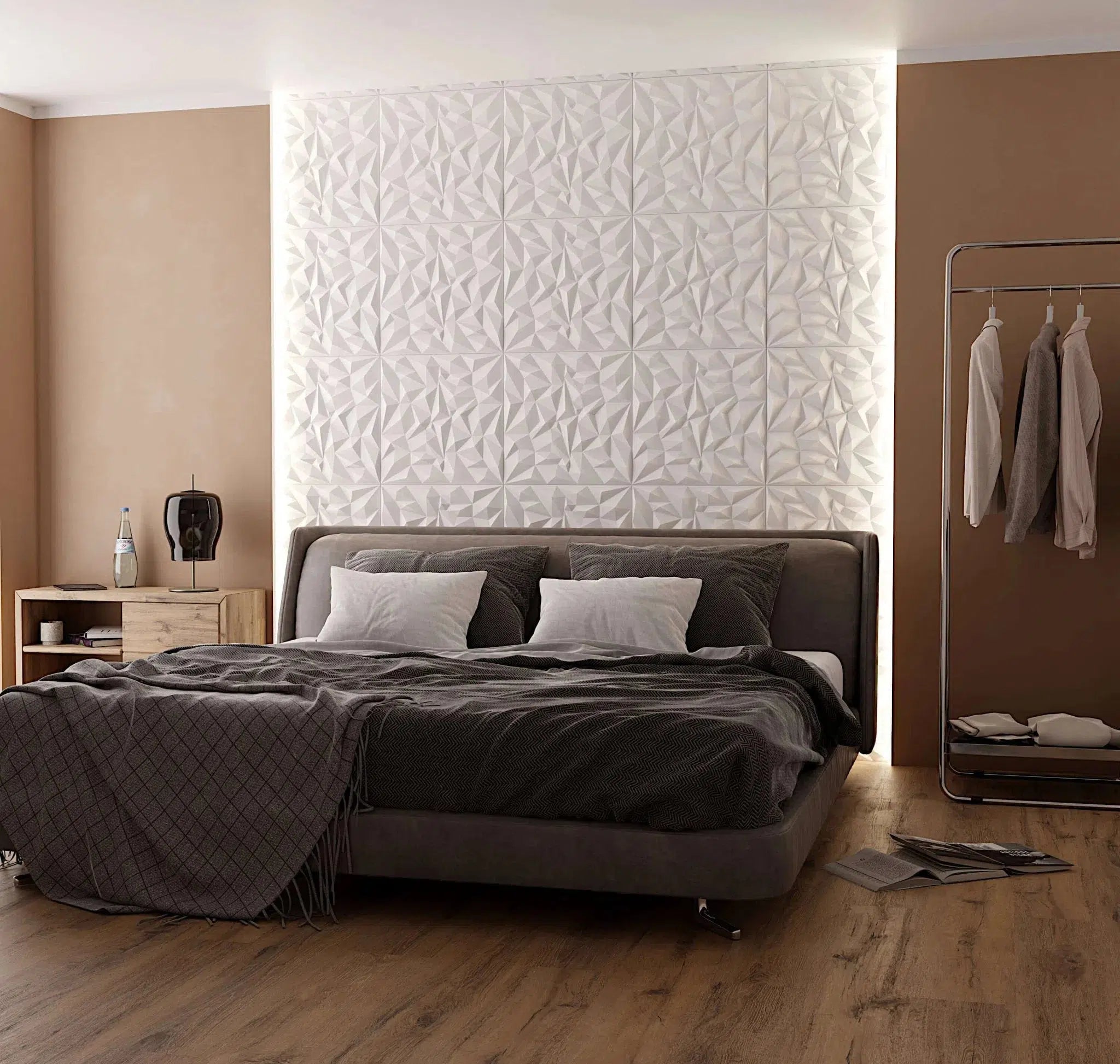 RHINESTONE Polystyrene Wall Art – 3D Decorative Panels white colour accent wall in bedroom interior DecorMania.eu