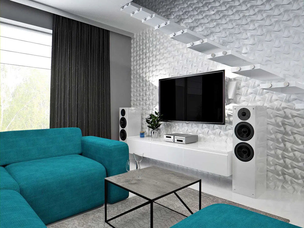 RIBBON Polystyrene Wall Art – 3D Decorative Panels in white and teal colour interior DecorMania.eu