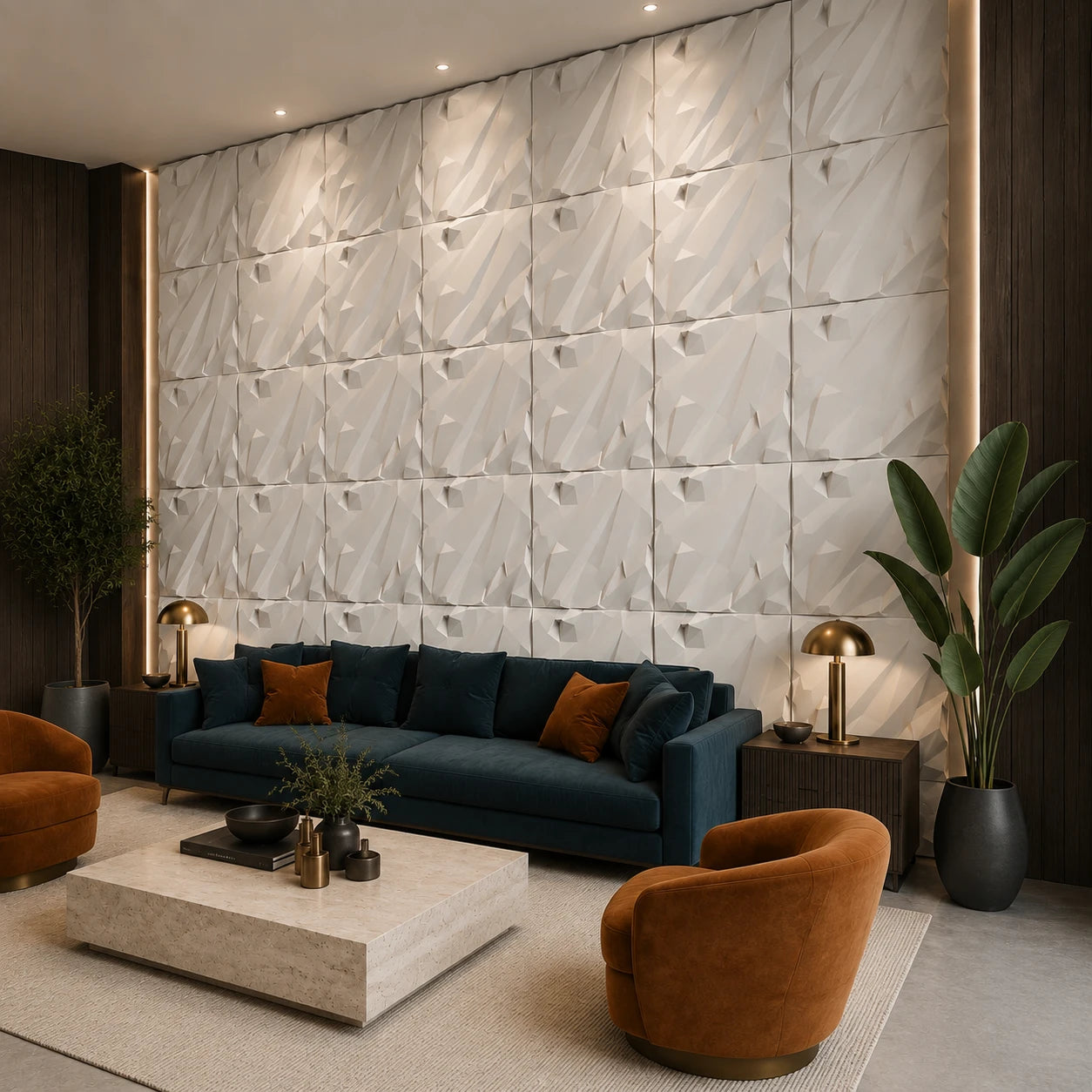 Right-angled view of a modern living room featuring white CRUSHED ROCK gypsum 3D wall panels and colorful furniture
