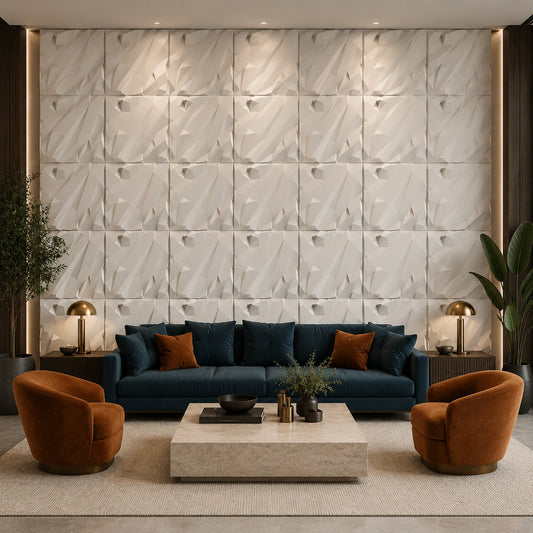 Front view of a contemporary living room with a white CRUSHED ROCK gypsum 3D panel wall, petrol sofa and rust-orange chairs