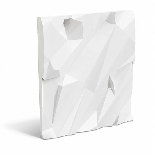 White 50 × 50 cm CRUSHED ROCK gypsum 3D wall panel with a sharp faceted geometric relief
