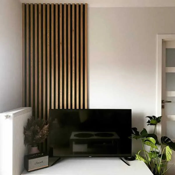 Rustic OAK Acoustic Slatted Wall Panels in living room interior DecorMania.eu