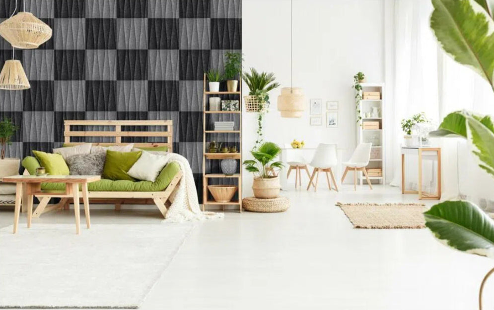 SANDGLASS 3D Acoustic Felt Wall Panels accent wall in living room interior BLACK DecorMania.eu