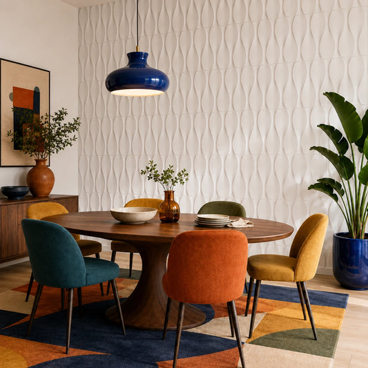 Colorful modern dining room featuring a white 3D polystyrene panel wall with a flowing hourglass pattern, a wooden table, and vibrant upholstered chairs
