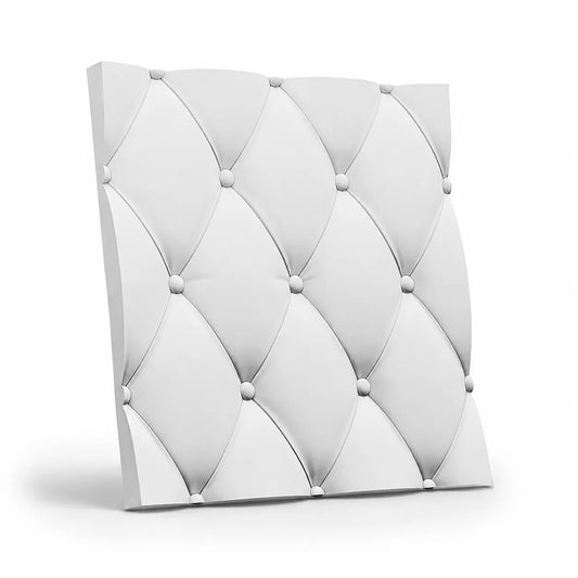 Angled product view of a white square gypsum 3D wall panel with a raised button-tufted diamond design and a soft shadow on a white background