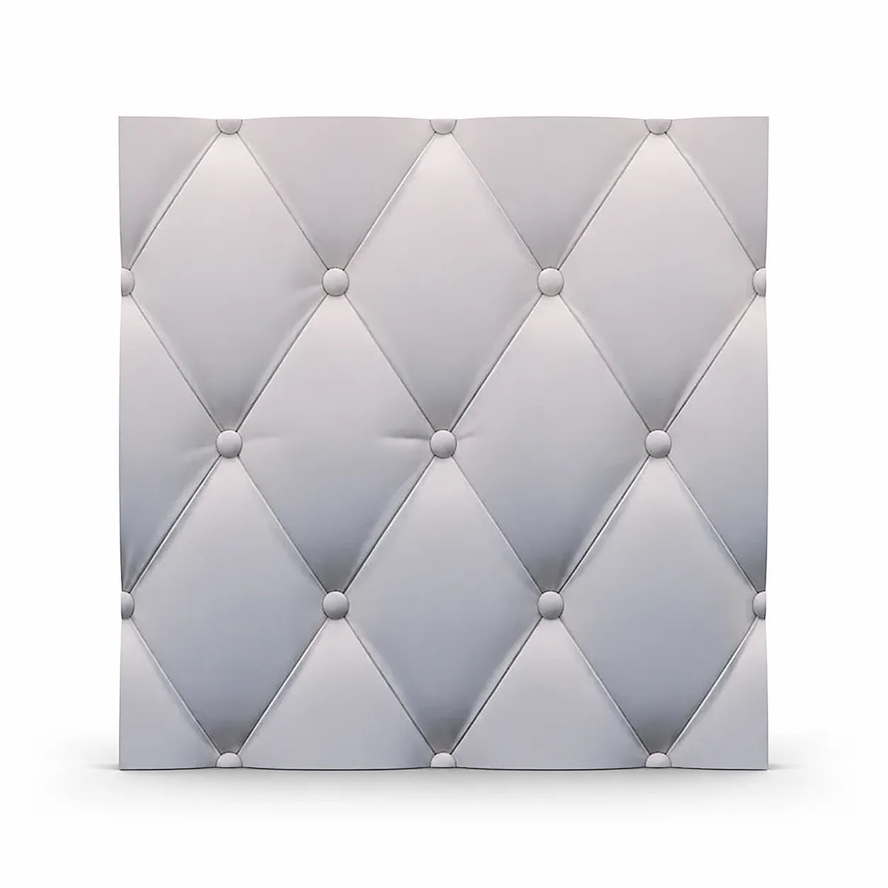 Front view of a white square gypsum 3D wall panel with a raised diamond-tufted pattern and decorative round buttons on a white background