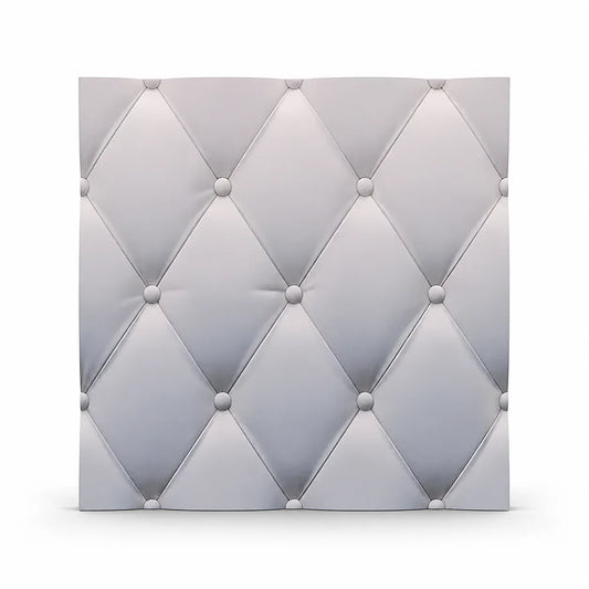 Front view of a white square gypsum 3D wall panel with a raised diamond-tufted pattern and decorative round buttons on a white background