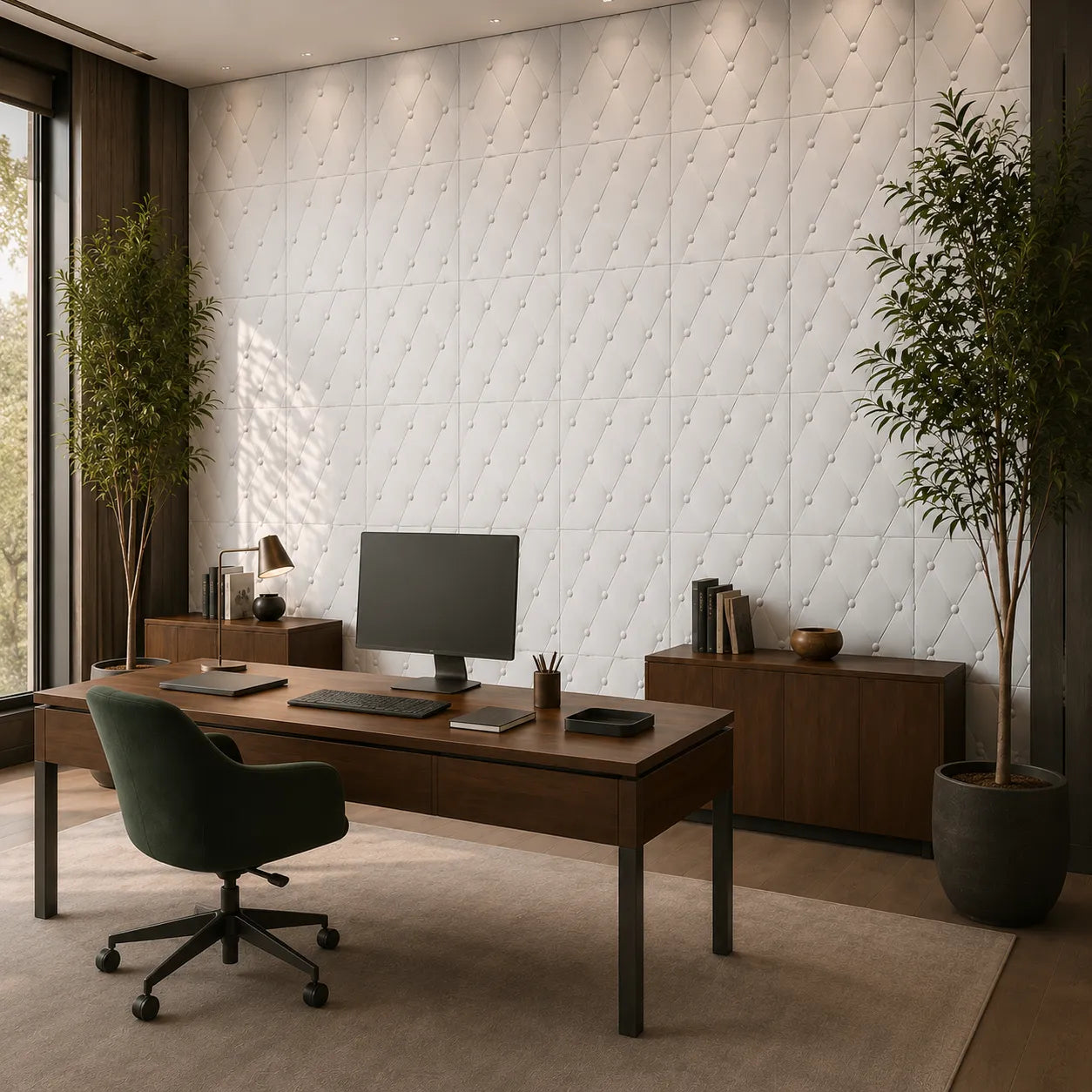 Modern home office with a feature wall covered in white gypsum 3D panels featuring a button-tufted diamond pattern, complemented by dark wood furniture and indoor trees