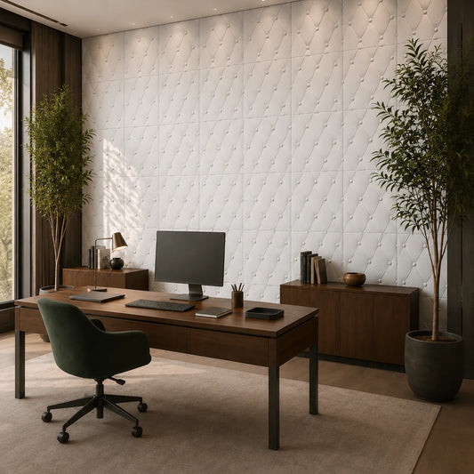 Modern home office with a feature wall covered in white gypsum 3D panels featuring a button-tufted diamond pattern, complemented by dark wood furniture and indoor trees