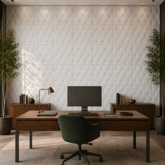 Front view of an elegant home office with white button-tufted gypsum 3D wall panels, a wooden desk, green office chair, storage cabinets, and potted trees
