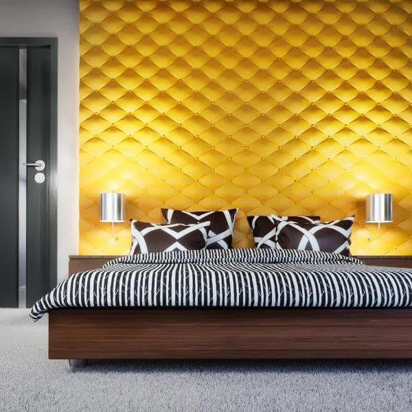 SOFT BUTTONS Gypsum 3D Wall Panels yellow accent wall in bedroom interior DecorMania.eu