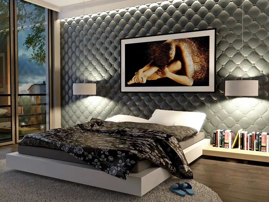 SOFT BUTTONS Polystyrene Wall Art – 3D Decorative Panels in grey colour bedroom interior DecorMania.eu