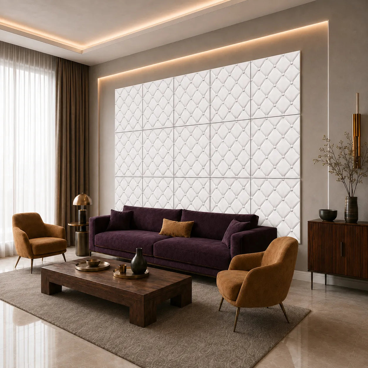 Angled view of white tufted-effect polystyrene wall panels in an elegant modern living room