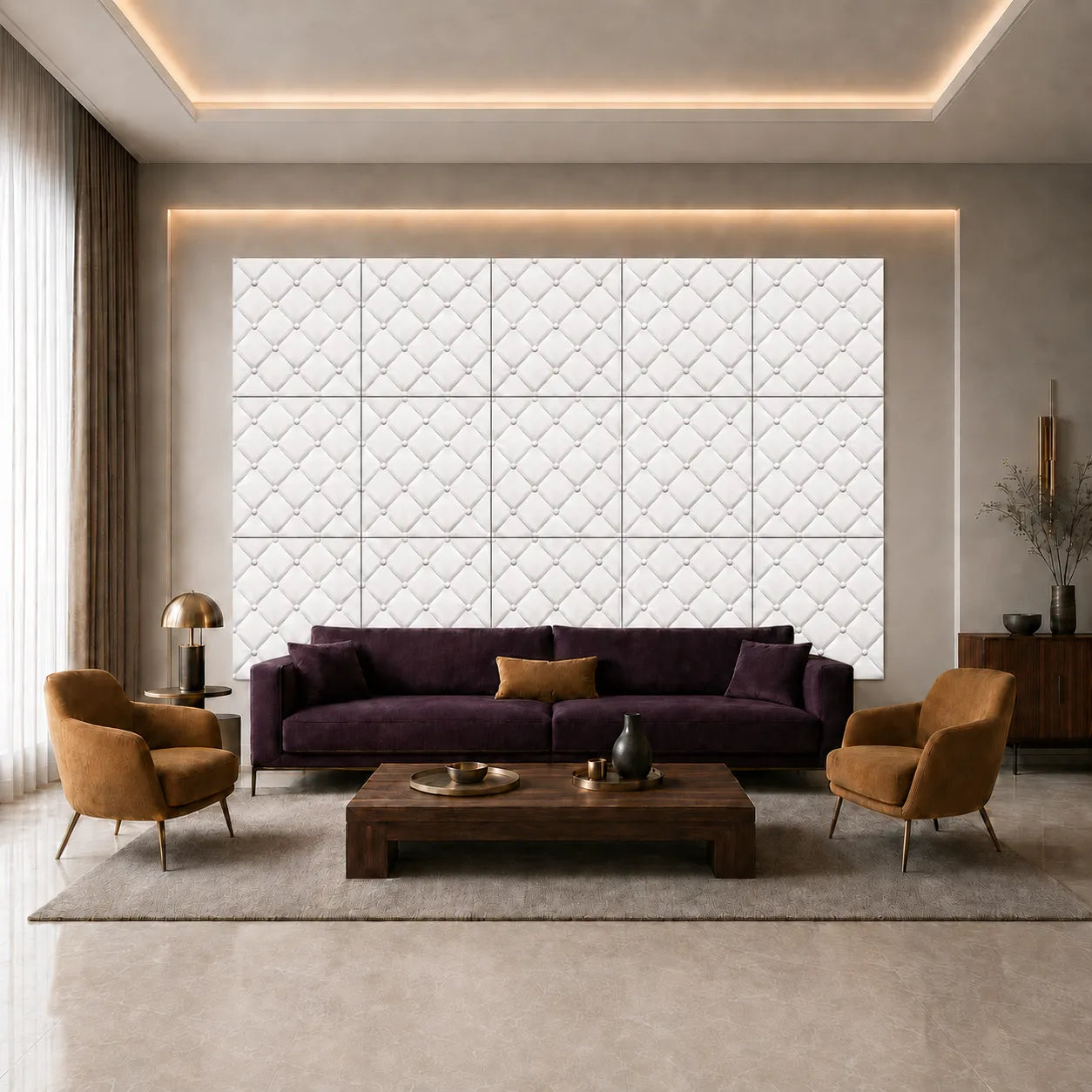 White soft-button 3D polystyrene wall panels behind a purple sofa in a contemporary living room
