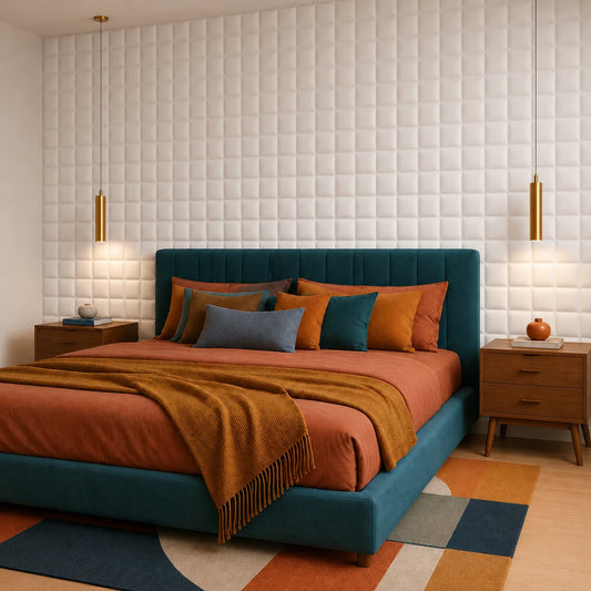 Angled view of a colorful modern bedroom featuring a floor-to-ceiling wall of white 3D polystyrene panels with a soft raised-square pattern