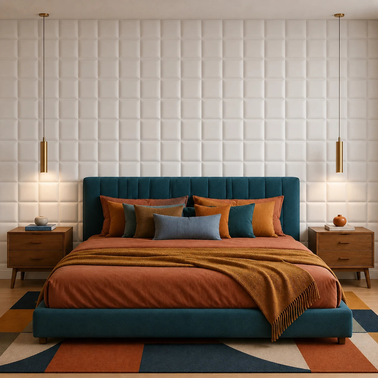 Front view of a stylish bedroom with a teal upholstered bed, warm orange bedding, wooden nightstands, and white square-patterned 3D polystyrene wall panels