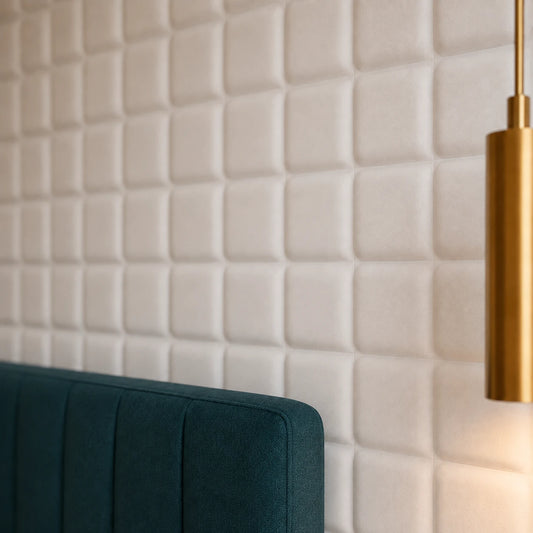 Close-up angled view of white 3D polystyrene wall panels, highlighting their softly rounded square relief, subtle texture, and warm dimensional shadows