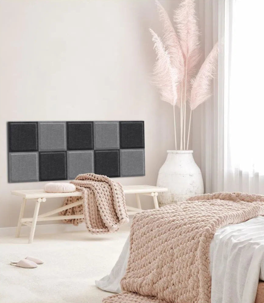 SQUARE BOLD 3D Acoustic Felt Wall Panels in soft pink bedroom interior BLACK DecorMania.eu