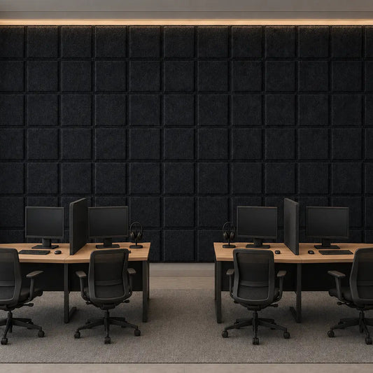 Front view of a call centre featuring black Square Bold acoustic panels, four desks and warm accent lighting