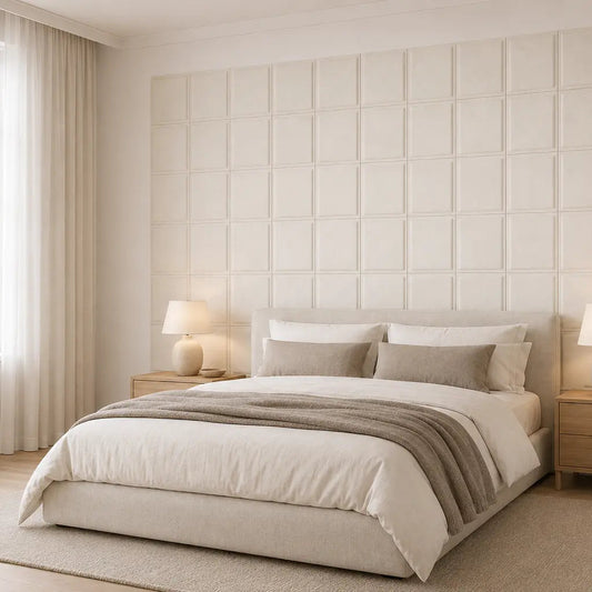 Angled view of a neutral bedroom featuring cream Square Bold 3D acoustic felt panels behind the bed