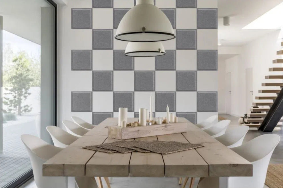 SQUARE BOLD 3D Acoustic Felt Wall Panels in dining room interior GREY DecorMania.eu