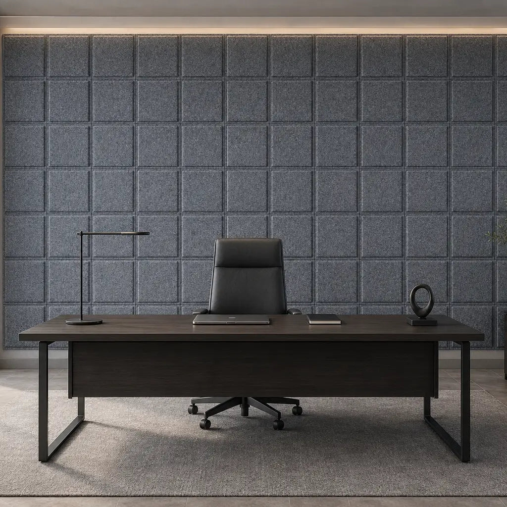 Front view of a modern executive office featuring grey 3D acoustic felt panels behind a dark wooden desk