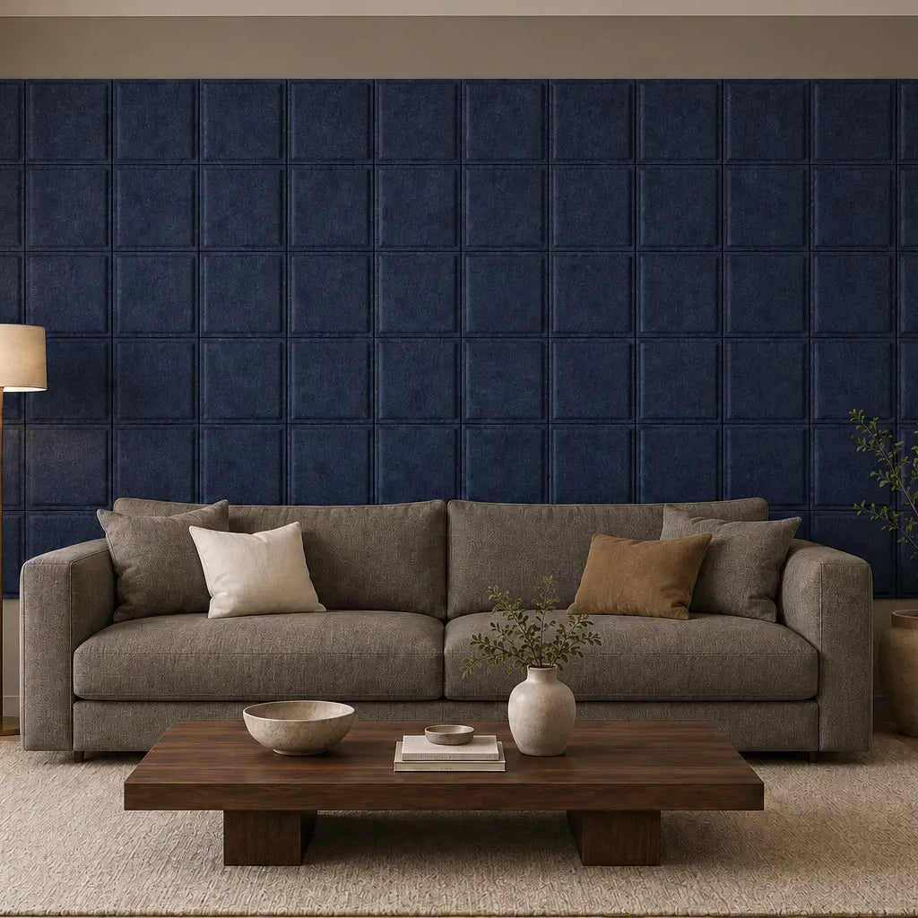 Front view of an elegant living room with navy Square Bold acoustic panels behind a dark taupe sofa